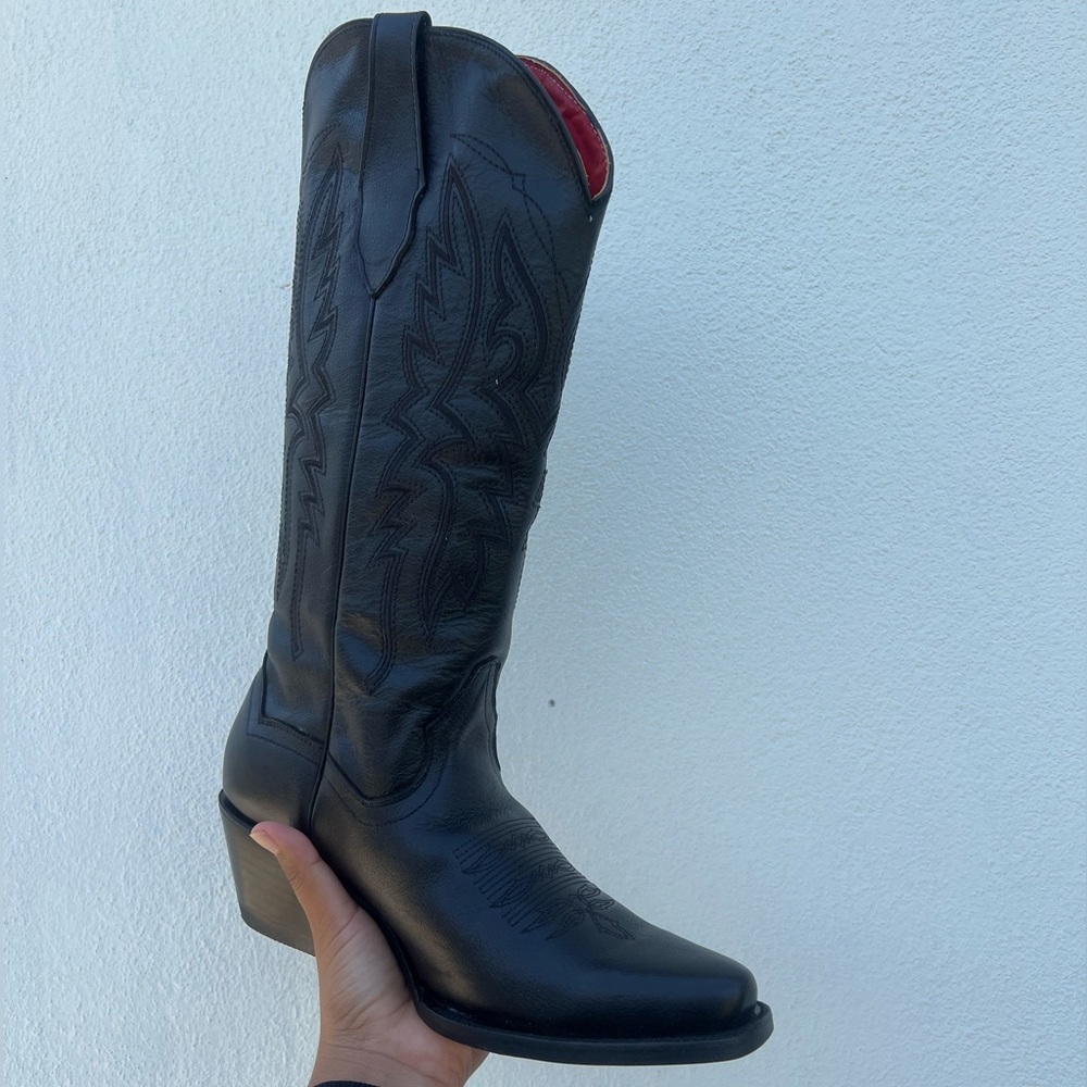 Black Leather Cowboy Boots - Alexa Red Bottom Snip Toe Midi Cowgirl Boot - 5
